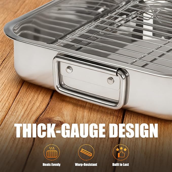 Stainless Steel Turkey Roasting Pan with Rack & Handles, Heavy Duty Food-Safe Turkey Pan Dishwasher Safe, Perfect for Cooking Turkey and Steak for Thanksgiving and Christmas (Extra Size)