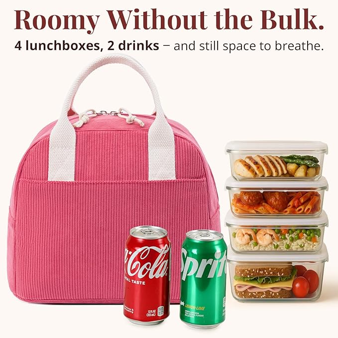 LOVELYWIND Insulated Lunch Bag for Women Men, Stylish Corduroy Tote Bag with Aluminum Lining, Large Capacity Reusable Cooler for Work, Travel, or Beach, Raspberry Pink Lunch Box