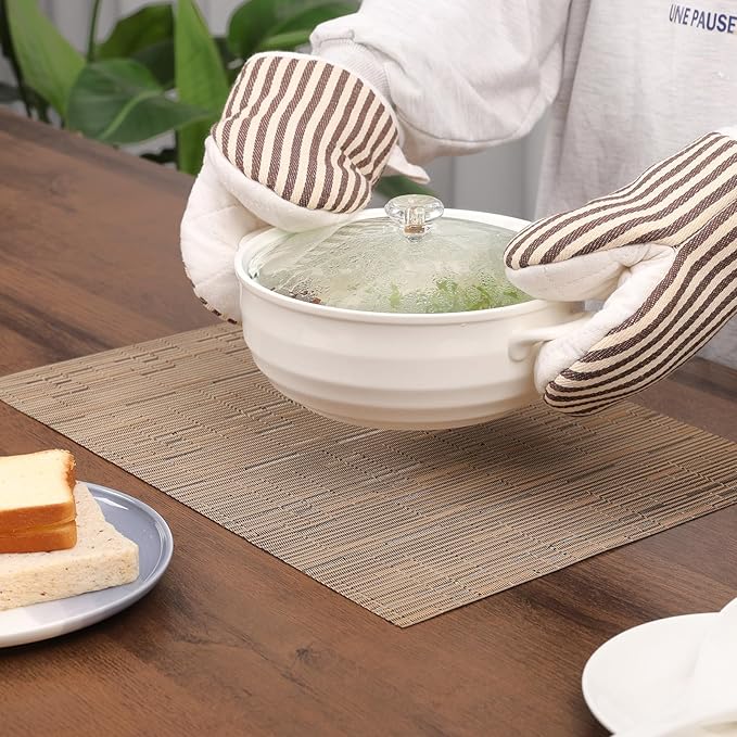 Myir JUN Placemats Set of 6, Vinyl Woven Placemats Place Mats Indoor Washable Table Mats Non-Slip Place mats for Dining Table (Light Brown, Set of 6)