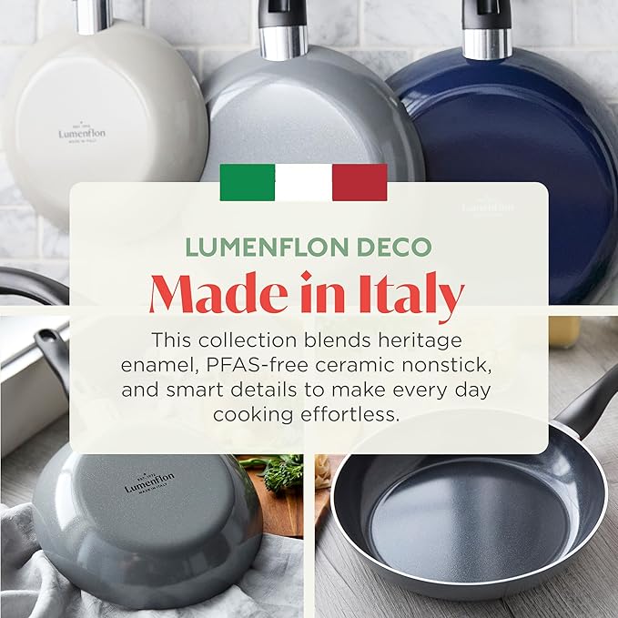 Deco 11??Nonstick Frying Pan Skillet, Made in Italy, Diamond Ceramic PFAS-Free, Dishwasher & Metal Utensil Safe, Durable Gloss Enamel Finish, Stay-Cool Handle, High Walls-Extra Room, Gray