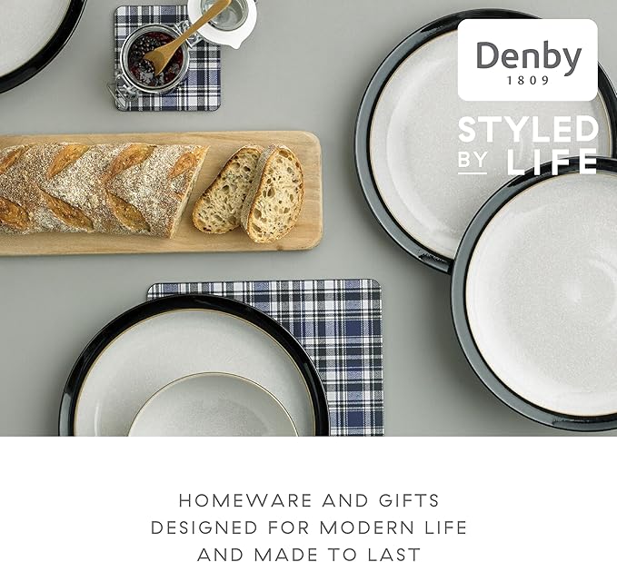 Denby - Elements Black Medium Plates Set of 4 - Contemporary Design with Black Detail - Ceramic Stoneware Tableware - Dishwasher & Microwave Safe - 8.6in Scratch Resistant Everyday Lunch, Salad Plates