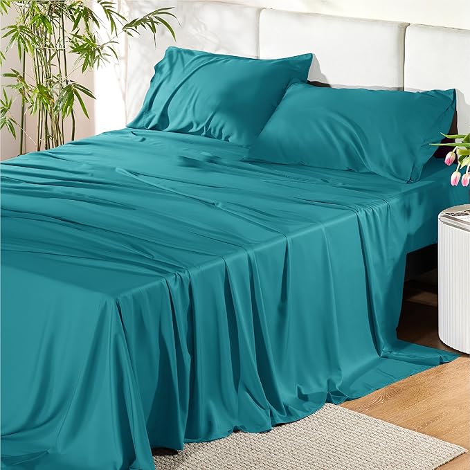 Bedsure California King Sheet Sets, Cooling Sheets, Rayon Derived from Bamboo, Breathable & Soft, Deep Pocket Up to 16 Inches, Hotel Luxury Silky Bedding for Hot Sleepers, Turquoise