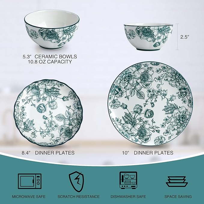 12-Piece Floral Porcelain Dinnerware Set, Service for 4, Green Pattern Plates and Bowls, Microwave and Dishwasher Safe