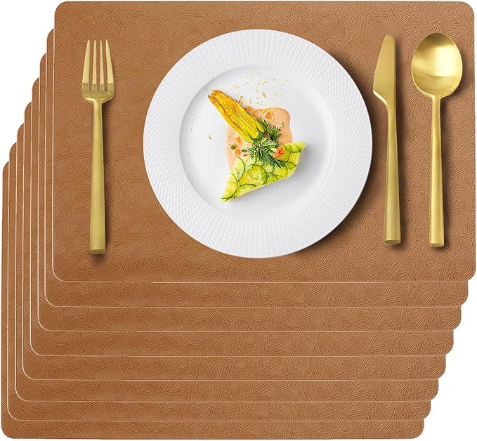 Uolr Vinyl Placemats Set of 8 Faux Leather 100% Waterproof Wipeable Washable Place Mats Heat Resistant Easy Clean Non-Slip Table Mats for Indoor Outdoor. (8, Brown)