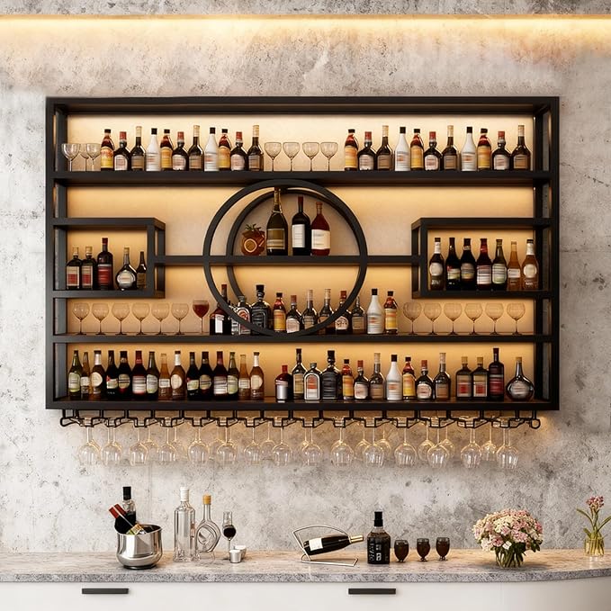 Wall Mounted Wine Rack, Modern Industrial Hanging liquor Bottles Shelves With Wine Glass Holder, Metal Floating Wine Storage Display Shelf, for Bar, Kitchen, Wine Cellar (Black, 240cm/94.5in)
