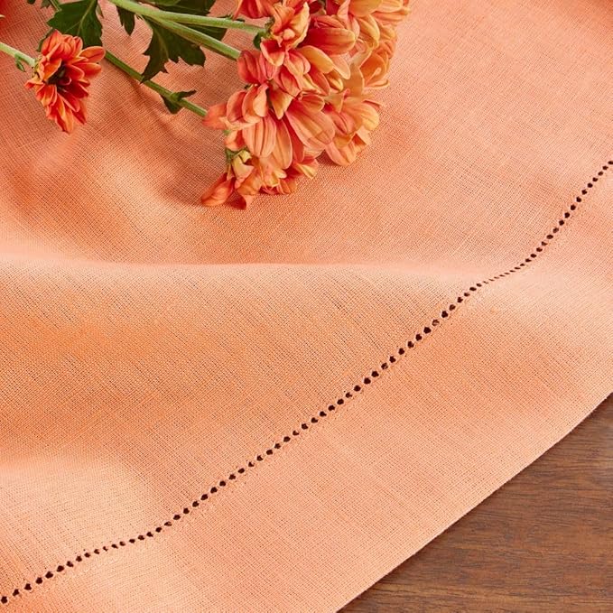 Solino Home Linen Tablecloth for Rectangle Tables 60 x 120 Inch - Classic Hemstitch 100% Pure Linen Coral Table Cloth - Machine Washable Cloth Tablecloth for Valentines, Spring, Easter