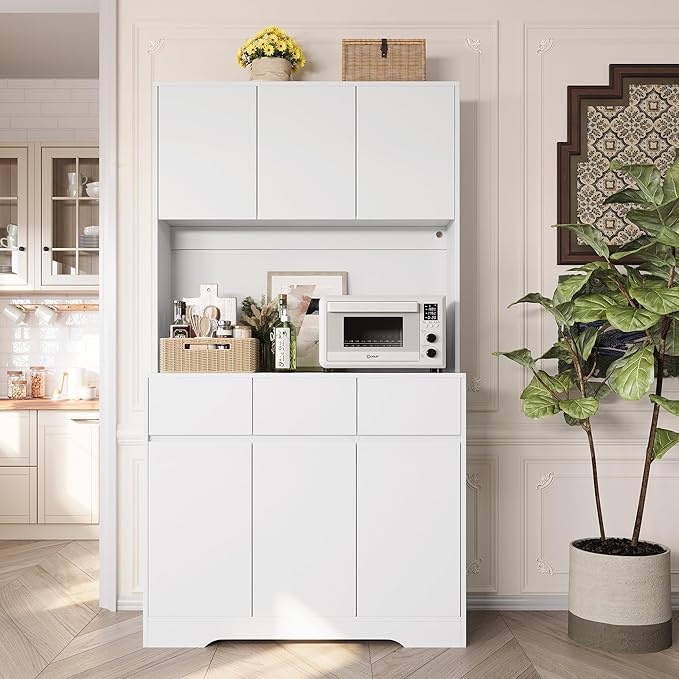 KAMABOKO 71" Kitchen Pantry Cabinet with LED Light and Charging Station Tall Pantry Storage Cabinet with Adjustable Shelves and Door Modern Kitchen Hutch with Microwave Stand and Countertop (White)