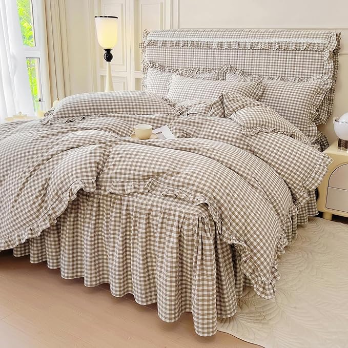 LifeTB Tan Gingham Comforter Set Full Vintage Ruffle Taupe Plaid Comforter Set 3 Pieces Soft Fluffy Grid Checkered Pattern Comforter with 2 Pillowcases Farmhouse Gingham Bedding Comforter Full