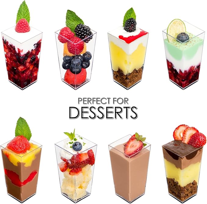 DLux 100 x 3 oz Mini Dessert Cups (no Spoons), Square Tall - Clear Plastic Parfait Appetizer Cup - Small Reusable Serving Bowl for Tasting Party Desserts Appetizers - With Recipe eBook