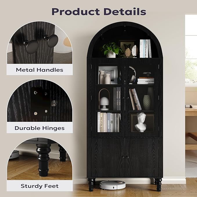 71" Tall Arched Pantry Cabinet, Modern Kitchen Storage Cabinet with Doors, 3 Adjustable Shelves, Door Shelves, Organizer, Versatile Cupboard for Kitchen, Bathroom, Black