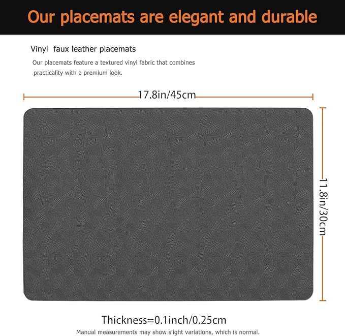 Uolr Vinyl Placemats Set of 12 Faux Leather 100% Waterproof Wipeable Washable Place Mats Heat Resistant Easy Clean Non-Slip Table Mats for Indoor Outdoor. (12,Gray)