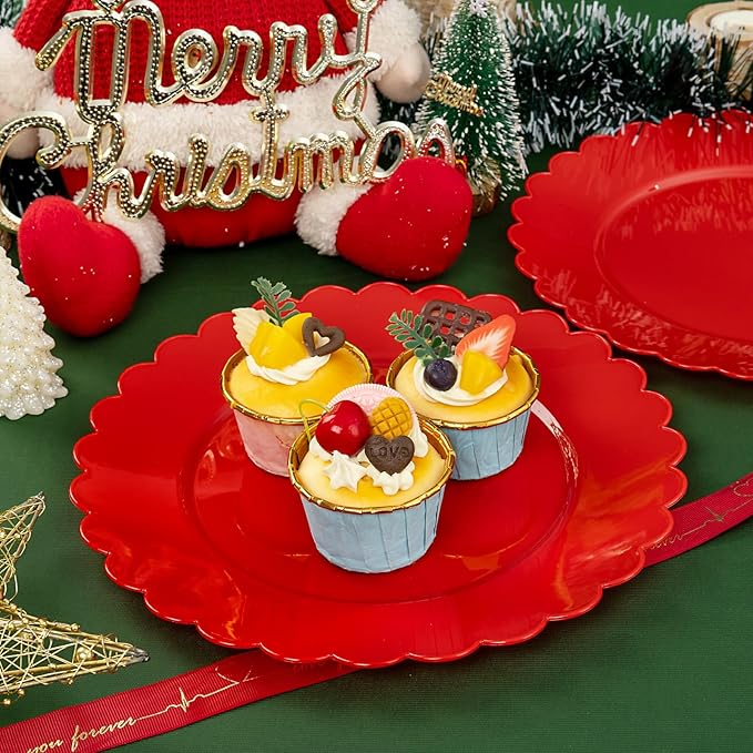 SUT 72Pcs Red Plastic Plates,10.25inch red Dinner Plates, Disposable Dinner Plates, Heavy Duty Plastic Plates, Disposable Plates,Scallop Plastic Plates for Party