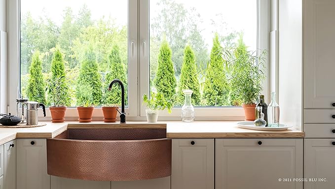 FSW1107 LUX 33-INCH HEAVY 12-GAUGE MEDIUM PATINA COPPER FARMHOUSE SINK, INCLUDES ACCS, CURVED FRONT