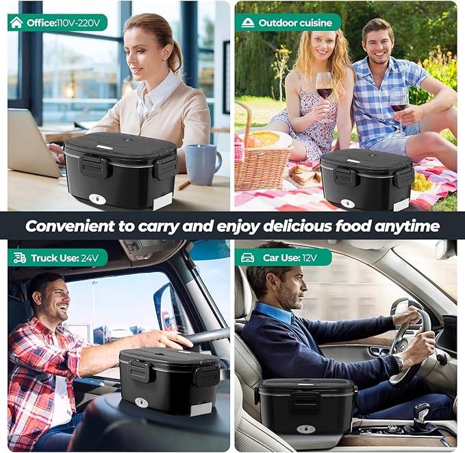 Vidaskeci Electric Lunch Box for Adults 100W Fast Heated Lunch Box for Men Women with Dual 1.5L Stainless Steel Containers Fast Heating Portable Food Warmer 12V/24V/110V Lunch box, Home/Office/Truck