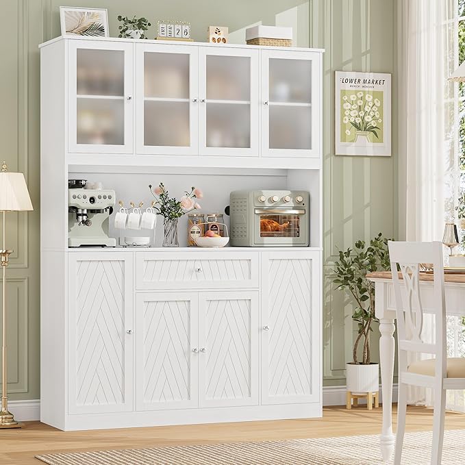 72" Large Pantry Cabinet with Doors and Drawer, 55.1" Wide Kitchen Cabinets with Countertop, White Kitchen Pantry Storage Cabinet for Dining Room, Living Room, Modern