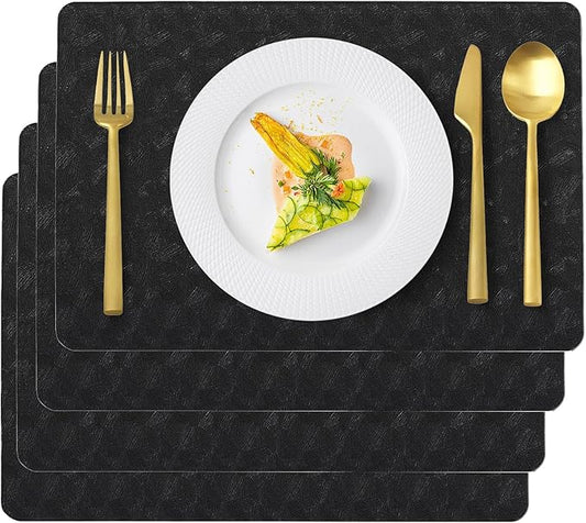 Uolr Vinyl Placemats Set of 4 Faux Leather 100% Waterproof Wipeable Washable Place Mats Heat Resistant Easy Clean Non-Slip Table Mats for Indoor Outdoor. (4,Black)