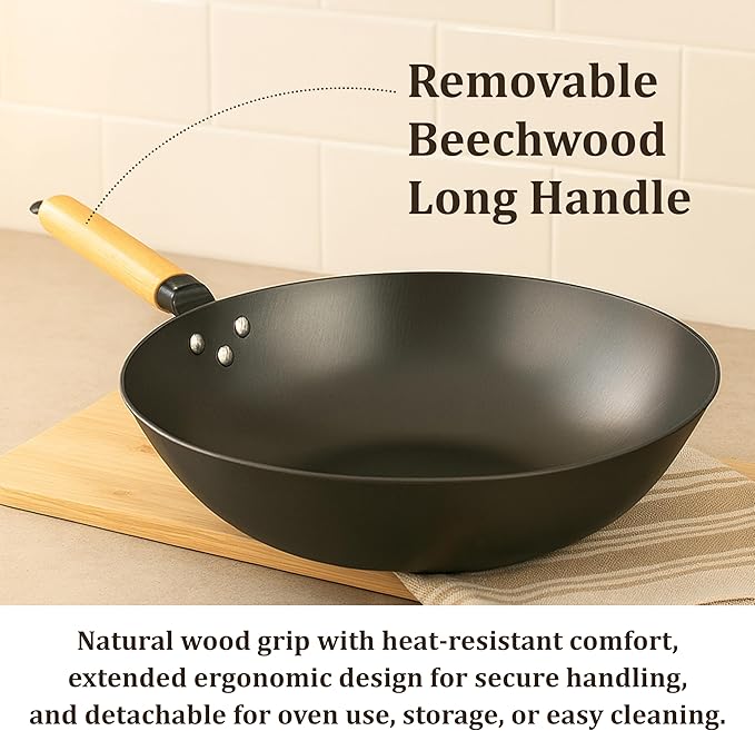 Cuisiland 12" Nitrided Cast Iron Wok ??Rust-Resistant Stir-Fry Pan, Removable Beechwood Long Handle, Naturally Non-Stick, Durable & Comfortable Grip, Classic Heat Retention
