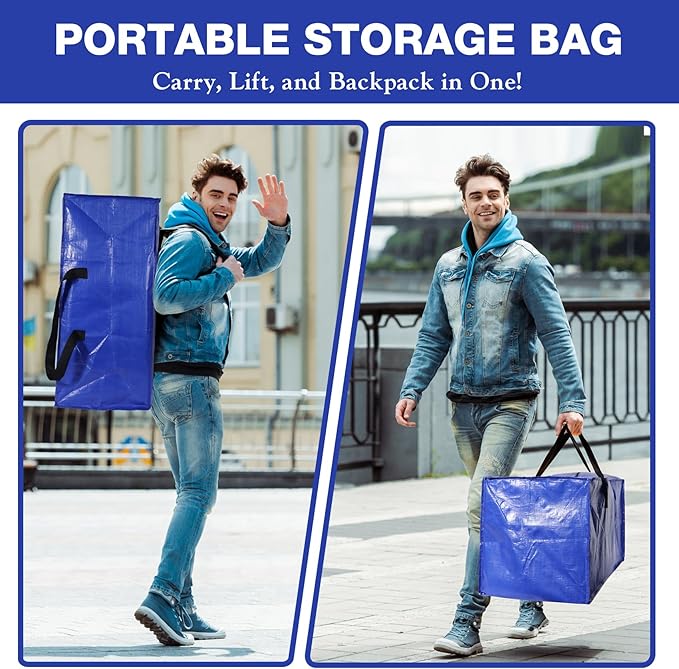 12 Pack Moving Bags Heavy Duty Extra Large Storage Bags with Zippers, Handles, Backpack Straps Packing Bag for Moving College Dorm Room Essentials, Camping, Travel, Clothes 93 L 25 Gallons (Blue)