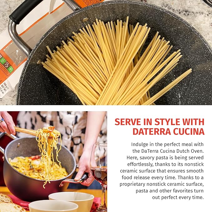 DaTerra Cucina ??8 Qt Nonstick Ceramic Dutch Oven with Lid ??Large Oven Safe Stock Pot, Induction Compatible, Lightweight, Lead & PFOA Free, Volcanic Black, Durable Nonstick Cookware ??Made in Italy