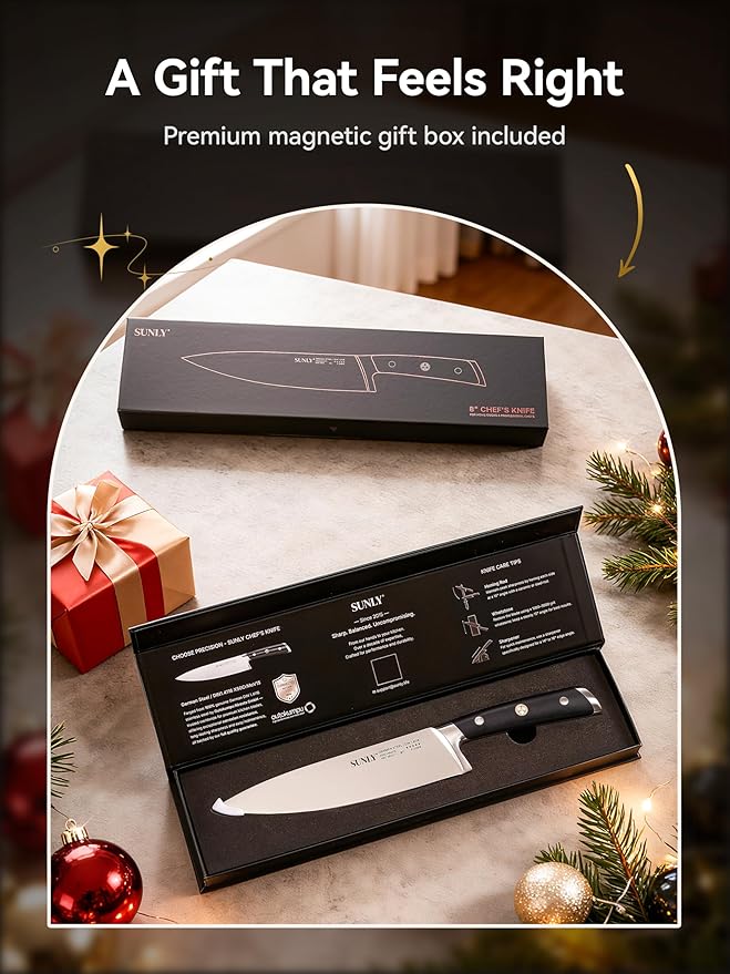 SUNLY 8 Inch Chef Knife ??Professional Kitchen Knife, German 1.4116 Stainless Steel, 58짹2 HRC Hardness, Full-Tang, Anti-Slip Handle, Sharp kitchen knives, Gift-Ready Magnetic Box
