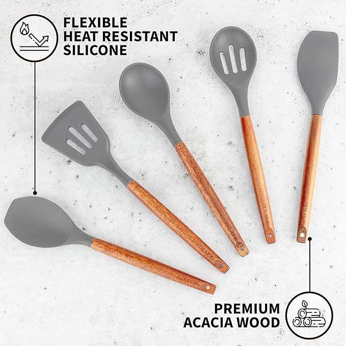 Zulay Kitchen Utensils Set Non-Stick Silicone Cooking Utensils Set with Authentic Acacia Wood Handles - 5 Piece Silicone Utensil Set - Kitchen Utensils Set with 464째F Heat Resistance - Gray