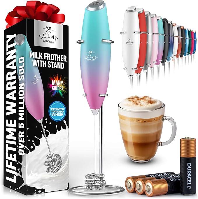 Zulay Kitchen Patented Tornado Triple Whisk Milk Frother with 4 Duracell Batteries ??Handheld Foam Maker for Coffee, Lattes, Matcha & Hot Chocolate ??Rich, Creamy Froth in Seconds