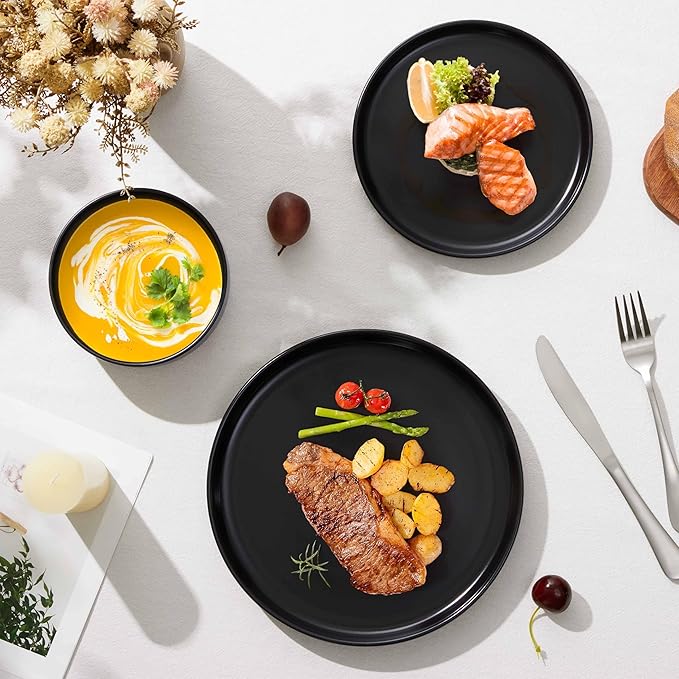 Herogo 24 Pieces Stoneware Dinnerware Set Service for 8, Dinner Plates and Bowls Sets, Double Reactive Glaze Dishes Set for Kitchen, Scratch Resistant, Microwave & Dishwasher Safe, Matte Black