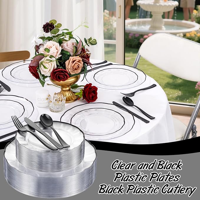 EI 150pcs Clear and Black Plastic Plates Dinnerware Disposable Party Set for 30Guests,Dinnerware Include 60 Clear Plates Disposable 90 Black Silverware,Perfect for Party,Business Events,Hotel