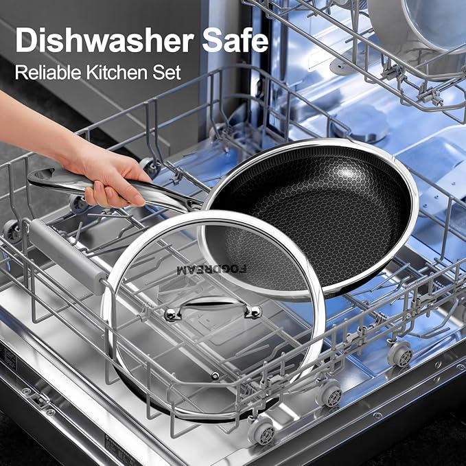 Fogdream 8??Non Stick Frying Pans, Stainless Steel Skillet with Lid, Tri-Ply Stainless Steel for All Cooktops, Dishwasher and Oven-Safe Cooking Pan, Stay-Cool Handle, Silver