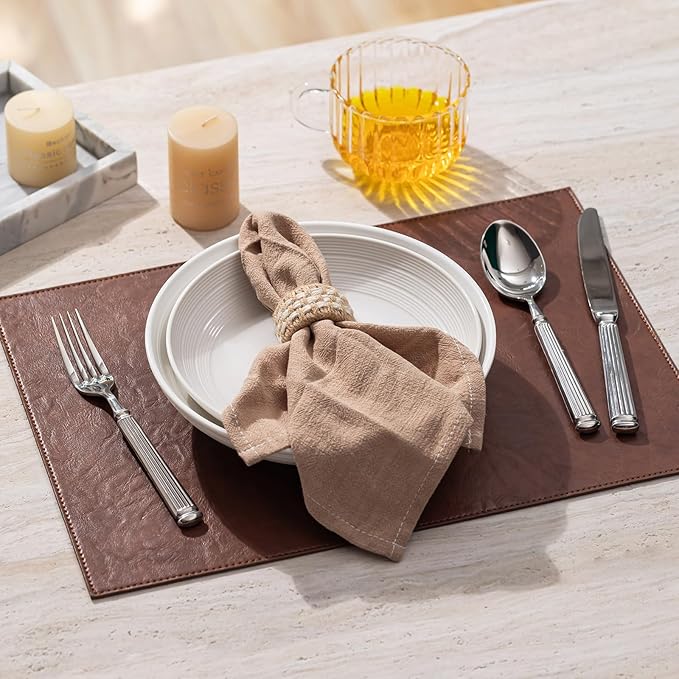 Baroyal Faux Leather Placemats Set of 8 Vinyl Washable Wipeable Table Mats for Kitchen Dining Table Heat Resistant Waterproof Indoor/Outdoor Placemats Non-Slip Easy Clean Place Mats (Reddish Brown)