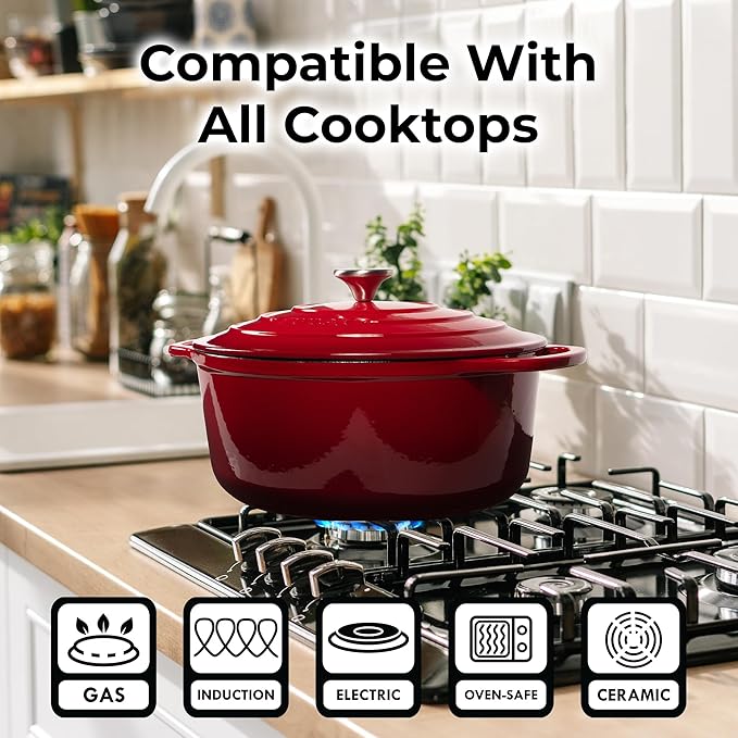 Zulay Kitchen 7.7 Quart Enameled Cast Iron Dutch Oven Pot with Lid ??Premium Durability & Oven Safe up to 500째F ??Heavy Duty Cookware Perfect for Bread Baking, Stews, Braising & Roasting ??Red