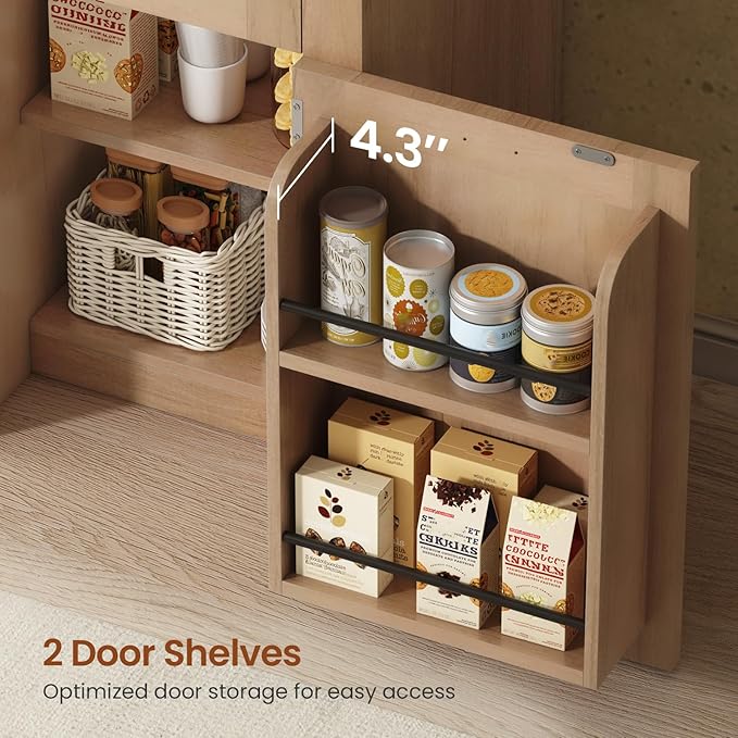 Itaar 71" Arched Kitchen Pantry Cabinet, Kitchen Storage Cabinets with 1 Large Drawer & Storage Cart 2 Tier & Door Shelves for Living Room, Dining Room, Natural