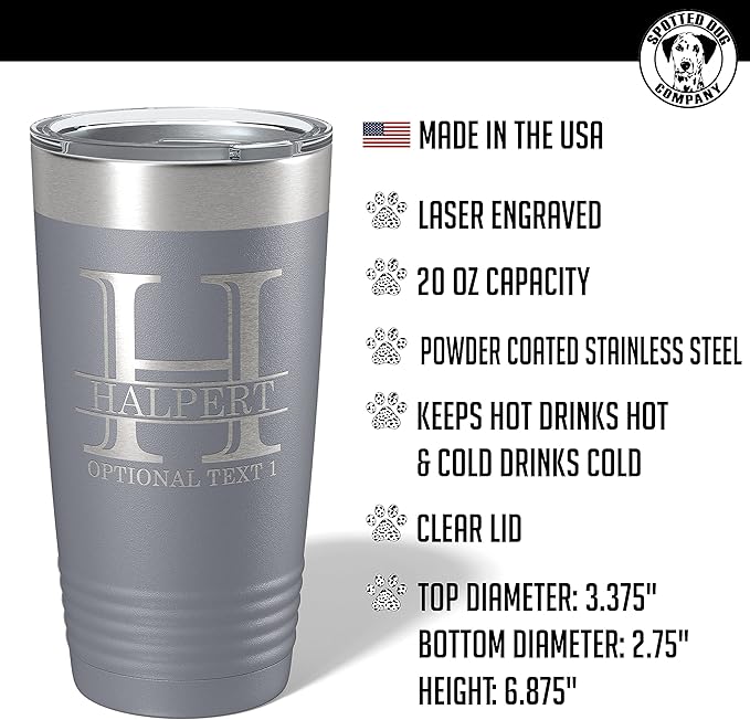 Personalized 20oz (17 Colors) Powder Coated Insulated Stainless Steel Tumbler with Lid, Custom Etched, Customized Engraved Gift Idea for Women Men Her Him, Halpert Monogram Initial Name (Gray)