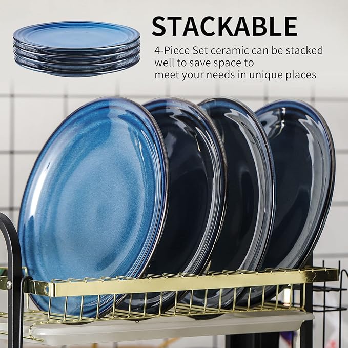HASENSE Ceramic Dinner Plates Set of 4,10 Inch Large Porcelain Pasta and Salad Plates,Blue Stoneware Plate Set Microwave,Oven,and Dishwasher Safe