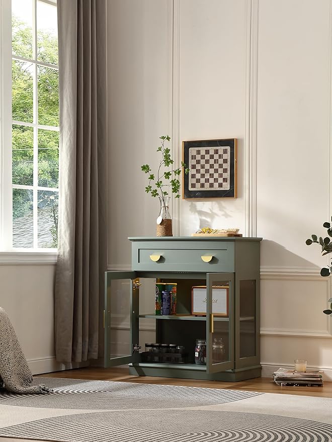 31.5'' Small Buffet Cabinet with Glass Doors,Small Coffee Bar Cabinet with Storage,Modern Sideboard Buffet with Adjustable Shelf and a Drawer,for Kitchen and Living Room,Green