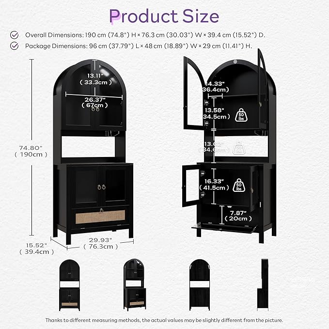 TYBOATLE 75'' Tall Arched Pantry Cabinet w/Accessible Storage Area, China Cabinet w/Anti-Tipping Device and Innovative Drawer, Versatile Cupboard for Kitchen, Dining (Black)