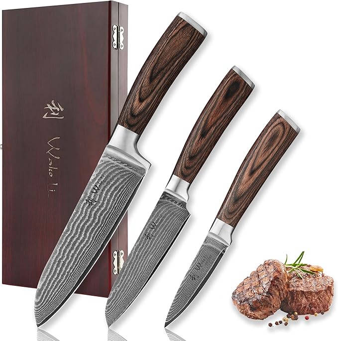 Wakoli EDIB 3-Piece Damascus Kitchen Knife Set in Wooden Gift Box ??Sharp Knives Set made of Genuine Damascus Steel (VG10 Core) ??Santoku, Small Santoku & Paring Knife ??Ergonomic Pakkawood Handles