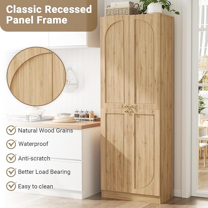 Cyclysio 80" Kitchen Pantry, Extra Tall Arch Storage Cabinet with 4 Doors and Adjustable Shelves, Freestanding Wood Cupboard with Seamless Fit Wall for Dining Living Room Bathroom Furniture (Natural)