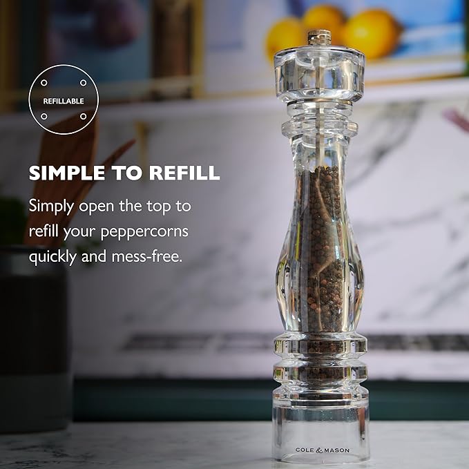 Cole & Mason London Refillable Spice Mill - Kitchen & Home Accessory - Table Black Pepper Grinder - Pepper Mill with Carbon Steel Mechanism - 12", Acrylic