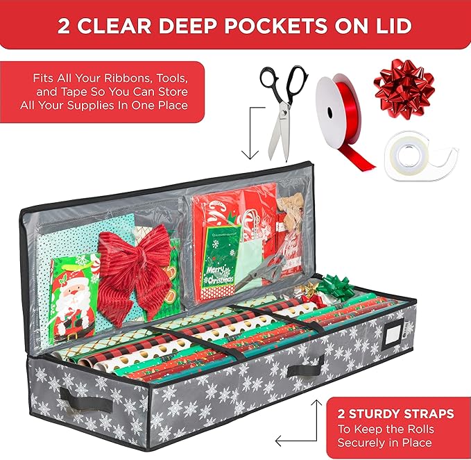 HOLDN??STORAGE Premium Wrapping Paper Storage Container - Durable 600D Tear-Proof, Fits 27 Rolls Gift Wrap, Extra Pockets for Ribbons & Bows, Underbed Storage - Ideal for Holiday Christmas, Grey/White Snowflakes