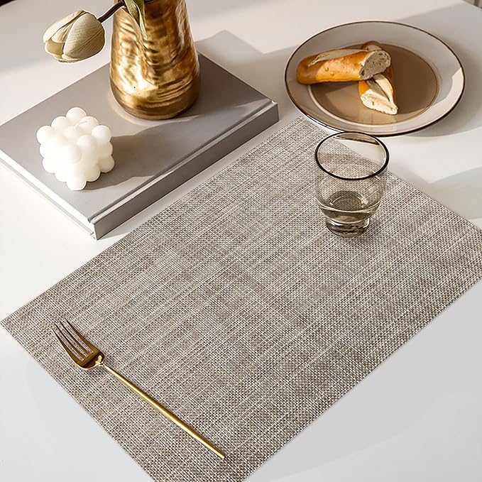 LANDVIEW Vinyl Placemats Set of 6, PVC Woven Washable Non-Slip Table Mats, Heat Resistant Wrinkle Free Place Mats for Dining Table, Easy to Clean (6, Cappuccino)
