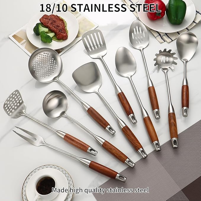 Stainless Steel Kitchen Utensils Set with Wood Handle, 18/10 Metal Cooking Utensils Set, 10 Piece - Spatula, Spoon, Ladle, Skimmer, Slotted Turners, Pasta,Turner, Ladl, Fork