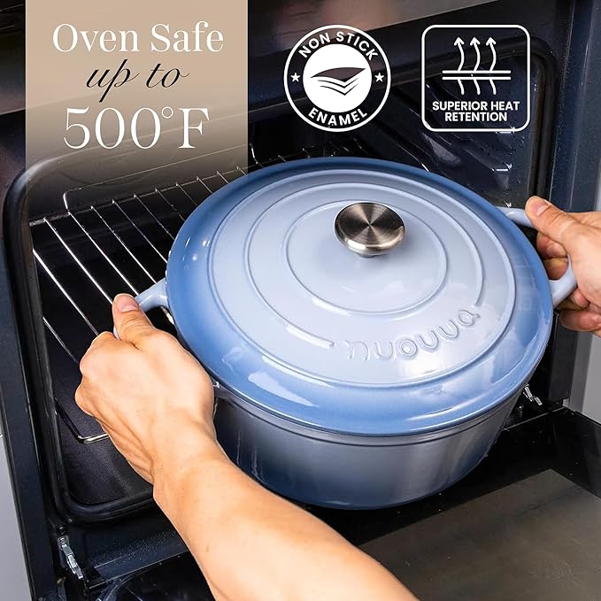 Nuovva Enamelled Cast Iron Dutch Oven Pot with Lid 6.4 Quart Non Stick Casserole Pot ??Heavy Duty & Oven Safe up to 500째 F for Bread Baking, Braising, Stews, Roasting ??28cm Costal Blue