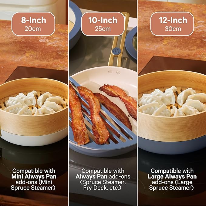 Our Place 8-Piece Essentials Complete Cookware Set - Ceramic Fry Pan Trio & Modular Rack Storage | Nontoxic Thermakind??Nonstick, Oven Safe up to 450째F & Compatible with All Cooktops | Cream