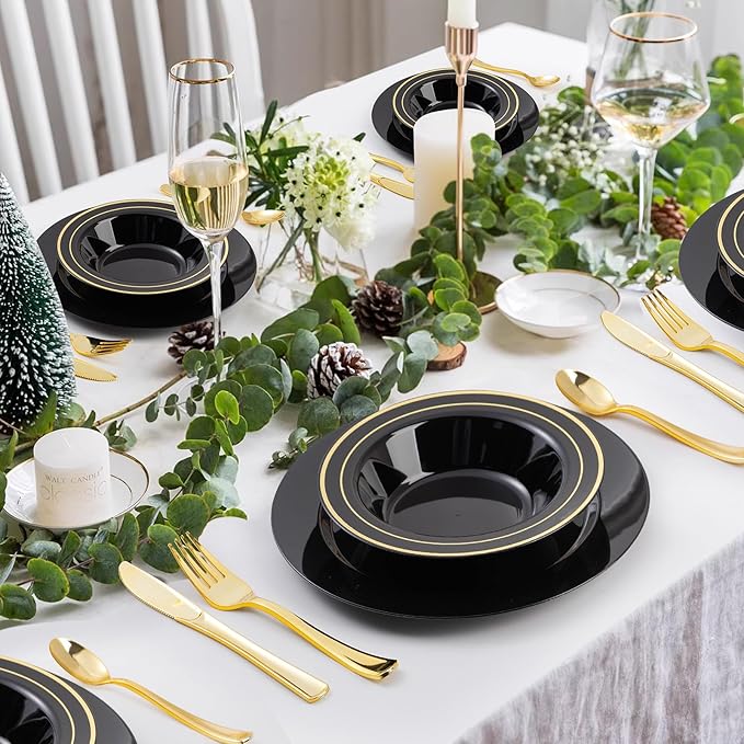 Goodluck 50 Pack Black Plastic Bowls with Gold Rim, 12oz Disposable Soup Bowls, Heavy Duty Dessert Bowls for Weddings, Parties, Dinners, Catering, and New Year