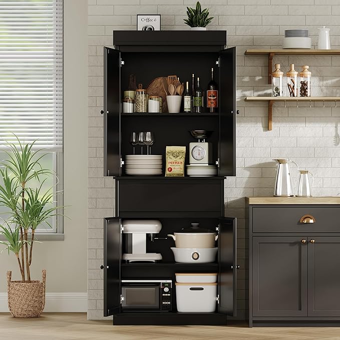 Tall Kitchen Pantry Cabinet with Rattan Doors, Adjustable Shelves & Drawer, Freestanding Storage Cupboard for Bathroom, Dining Room & Living Room（New Black）