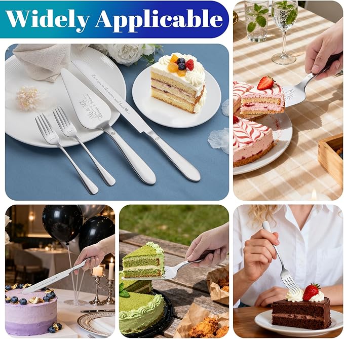 Cake Cutting Set for Wedding, Elegant Cake Knife and Server Set with Stainless Steel Forks, Cake Cutter and Pie Spatula for Engagements, Anniversary, Bride and Groom, 4 Pcs, Silver