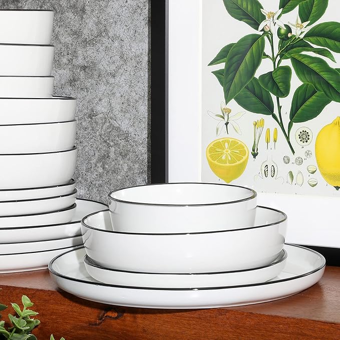 Gibson Home Oslo 16-Piece Porcelain Dinnerware Set, Service for 4 ??White Plates with Black Rim, Microwave & Dishwasher Safe