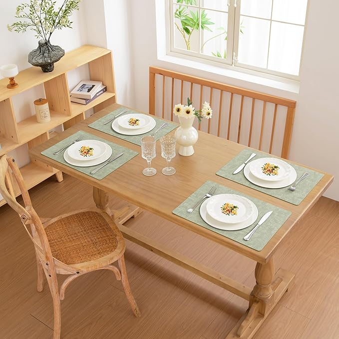 FROMHEART Faux Leather Placemats Set of 8?밯aterproof,Heat/Oil Stain-Resistant PU Table Mat?밨eversible,Non-Slip,Easy to Clean Place Mats for Kitchen,Dining,Indoor/Outdoor,(Light Green,11.8" x 17")