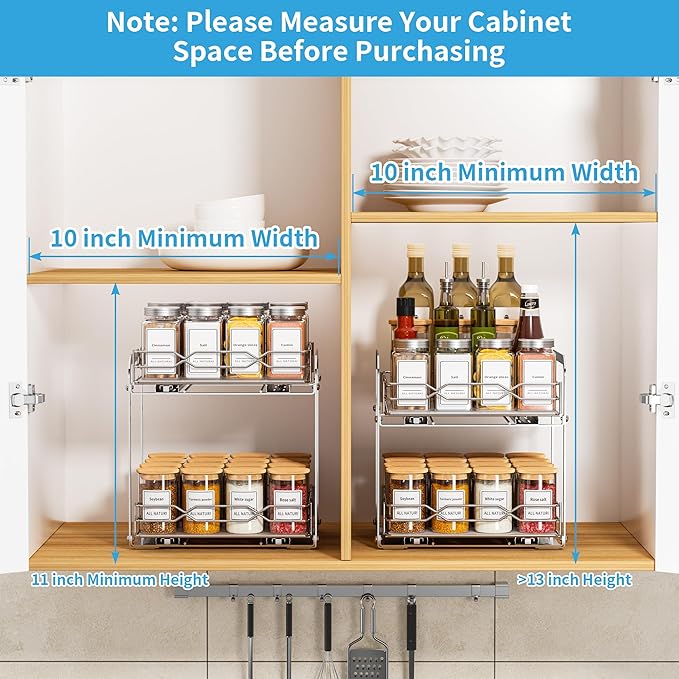Pull Out Spice Rack, 2 Tier Spice Organization for Cabinet, Heavy Duty Spice Rack, 9-1/4 inch Wide - Spice Racks for Inside Cabinets, Kitchen, Pantry - Chrome, 9.25?쓂 x 10.39?쒭 x 9.76?쒱